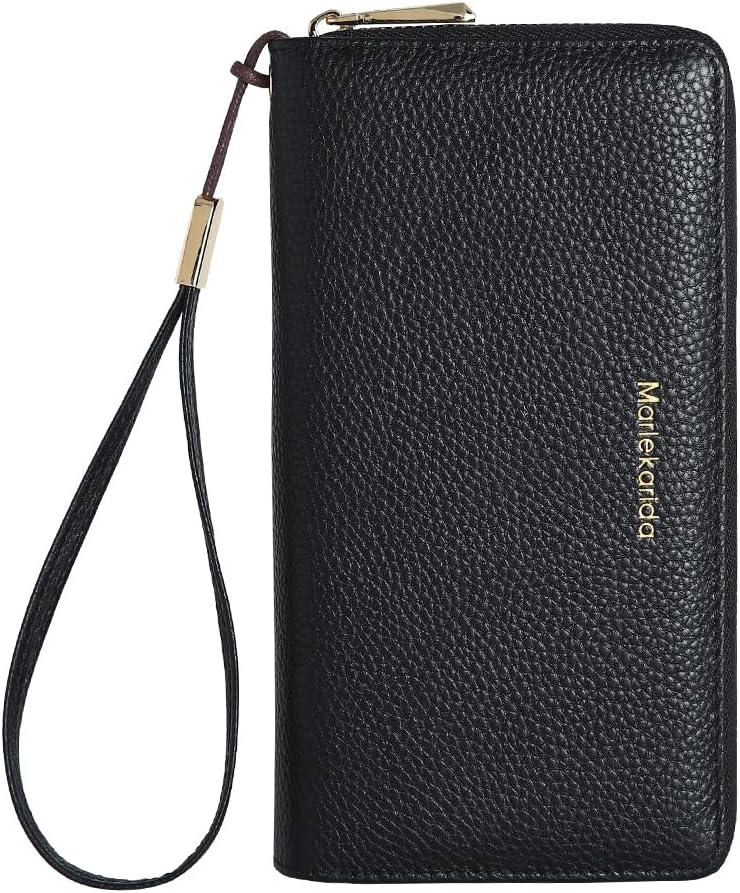 Fashionable Long RFID Leather Women's Wallet, Large Capacity Multi Slot Phone Case, Zipper Closure, Detachable Wrist Strap, Hand-Held wallet (Black)