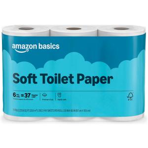 Amazon Basics 2-Ply Soft Toilet Paper, 6 Rolls, 350 Sheets per Roll, Equivalent to 37 Regular Rolls, Septic Safe