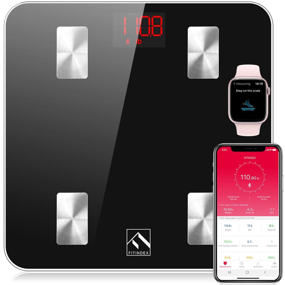 FITINDEX Scale with BMI, Body Fat, Muscle Mass, Smart Scale for Body Weight, Bluetooth, Digital, Sync with App, User Health Equipment (4 Electrode)