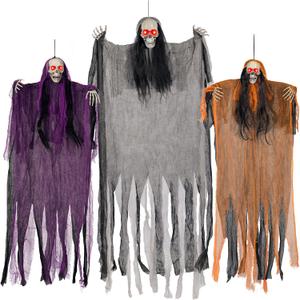 Halloween Decorations,3 Pack Halloween Hanging Skeleton Ghosts with Lighted Up Eyes, Scary Colourful Cloth Grim Reapers for Indoor, Outside Yard Lawn, Haunted House Prop, Party Supplies