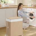 SONGMICS HOME Laundry Hamper with 2 Section, 100 L Large Rolling Laundry Basket with Wheels, Rattan Clothes Hamper with Lid, Removable Liner with Handles, Natural Beige and Matte White ULCB601N01
