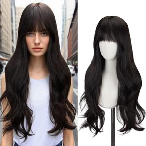 STYLER Black Wig with Bangs for Women -26 Inch Long Wavy Black Wigs Synthetic Heat Resistant Hair Natural Looking Wigs for Daily Use Halloween Christmas Cosplay Party