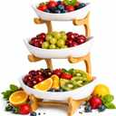 Fruit Bowl Stand 3-Tier, Bamboo Frame with White Porcelain Dishes, Elegant Countertop Organizer for Fruits, Vegetables, Bread, Snacks and Home Kitchen Display