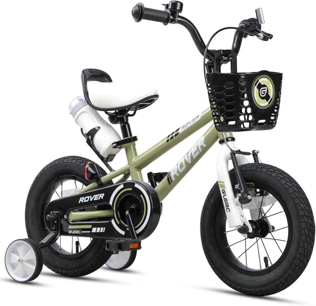 Glerc Rover Kids Bike, 12 Inch Boys Bike for 2-4 Years Old Children, Toddler Bicycle with Water Bottle & Basket & Training Wheels, Army Green