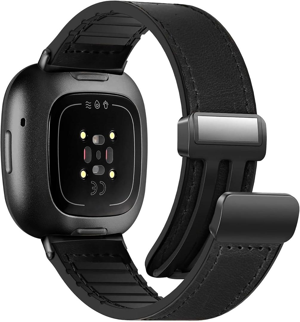 Magnetic Leather Bands Compatible with Fitbit Versa 4/Versa 3/Sense 2/Sense Women Men, Magnetic Clasp Wristband Accessory, Adjustable Soft Replacement Fitbit SmartWatch Strap- Black