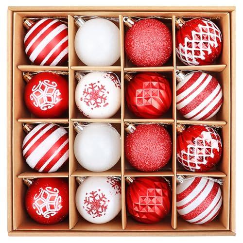 16PCS Christmas Ball Ornaments, 2.36 Inch Red and White Christmas Tree Ornaments with Glittering, Shatterproof Baubles for Christmas Tree Decorations, Wreaths, Garlands