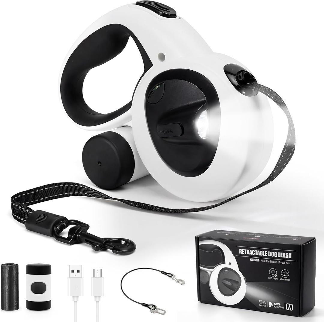 Retractable Dog Leash with USB Rechargeable LED Light, 16 ft Heavy Duty Dog Lead with Poop Bag Holder & Steel Cable, Leash for Small Medium Large Dogs, White