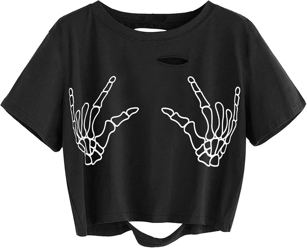 Avanova Women Skull Finger Graphic Distressed Tee Shirt Ripped Short Sleeve Crop Tops (3X-Large)
