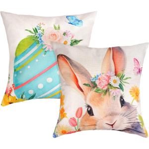 Sucrain 2 PCS Easter Bunny Throw Pillow Covers 18x18 inch Spring Easter Eggs Rabbit Decorative Pillows Cushion Case for Couch Sofa Patio Garden Spring Decor