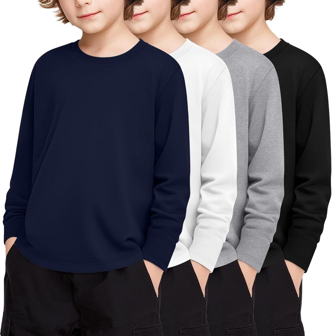 4 Pack Boy's Long Sleeve Shirts, Crew Neck Soft Tops Toddler Kids Basic Tees 3T-16 Years (Navy Blue, White, Light Gray, Black, 7-8 Years)