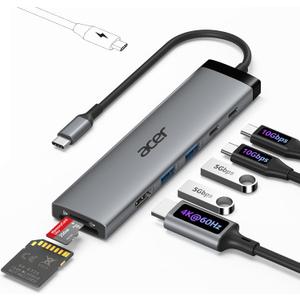 Acer 8 in 1 USB C Hub 10Gbps, USBC to HDMI Adapter 4K@60Hz, 2USB-C 3.2, 2USB A 3.0 Data Transfer, 100W PD Port Type C Multiport Splitter with SD/TF Card Reader, for MacBook Neo, Laptop, PC, Desktop