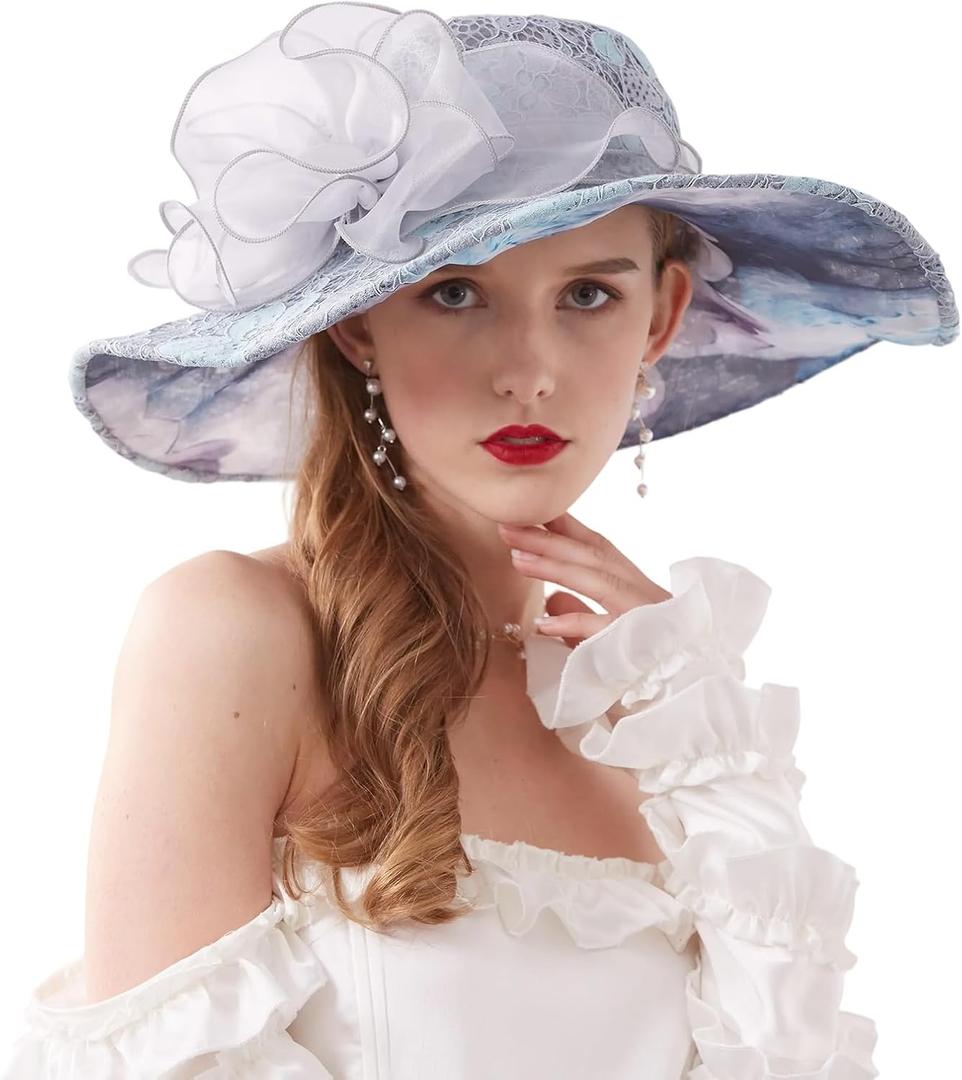 2025 Kentucky Derby Hats for Women- Organza Church Hat Fascinator Hat for Tea Party Bridal Wedding Hat Wide Brim Sun Hat (Style26-grey Blue)