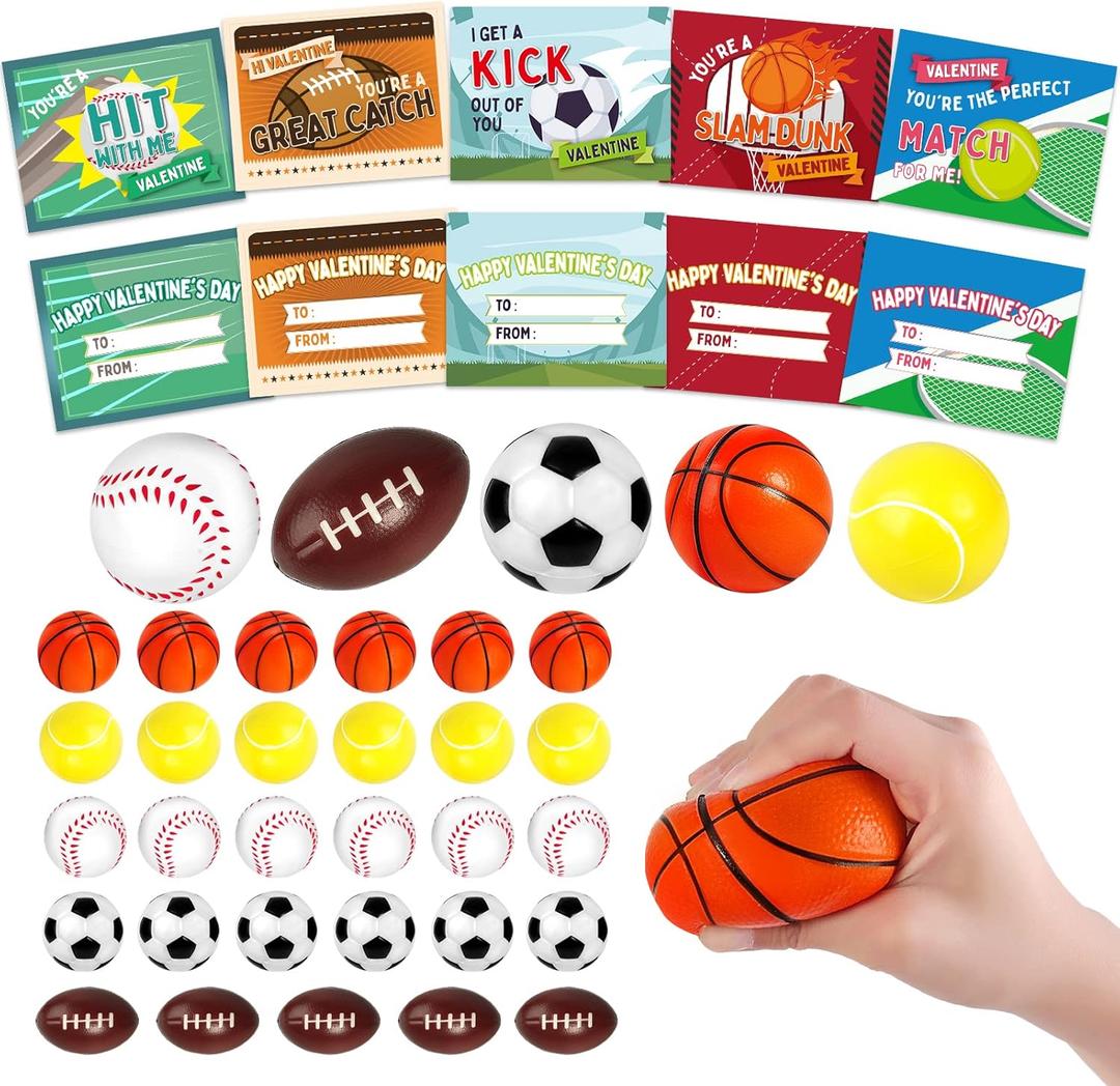 Shemira 30 Pack Valentine's Day Cards for Kids with Mini Sport Balls for School Classroom Valentine's Gifts Exchange, Squeeze Foam Balls for Valentine's Party Favors, Valentine's Prizes for Kids