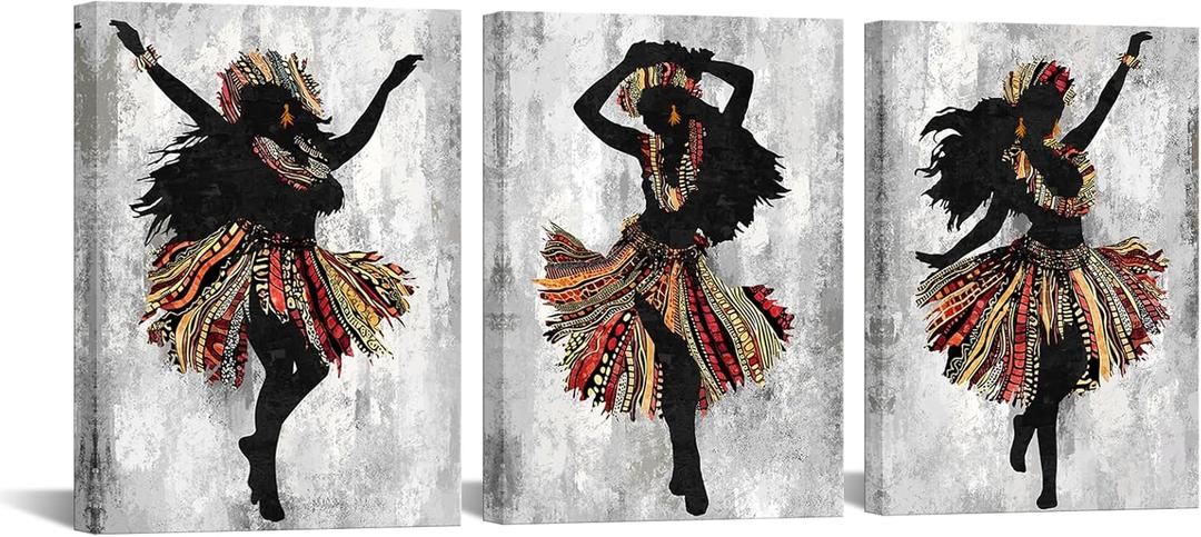 KREATIVE ARTS Hawaiian Hula Girl Canvas Wall Art Set 3-Piece Tropical Dance Abstract Brown Grey Beach Decor Posters 12x16 Stretched Canvas for Bathroom Dorm Living Room Ready to Hang