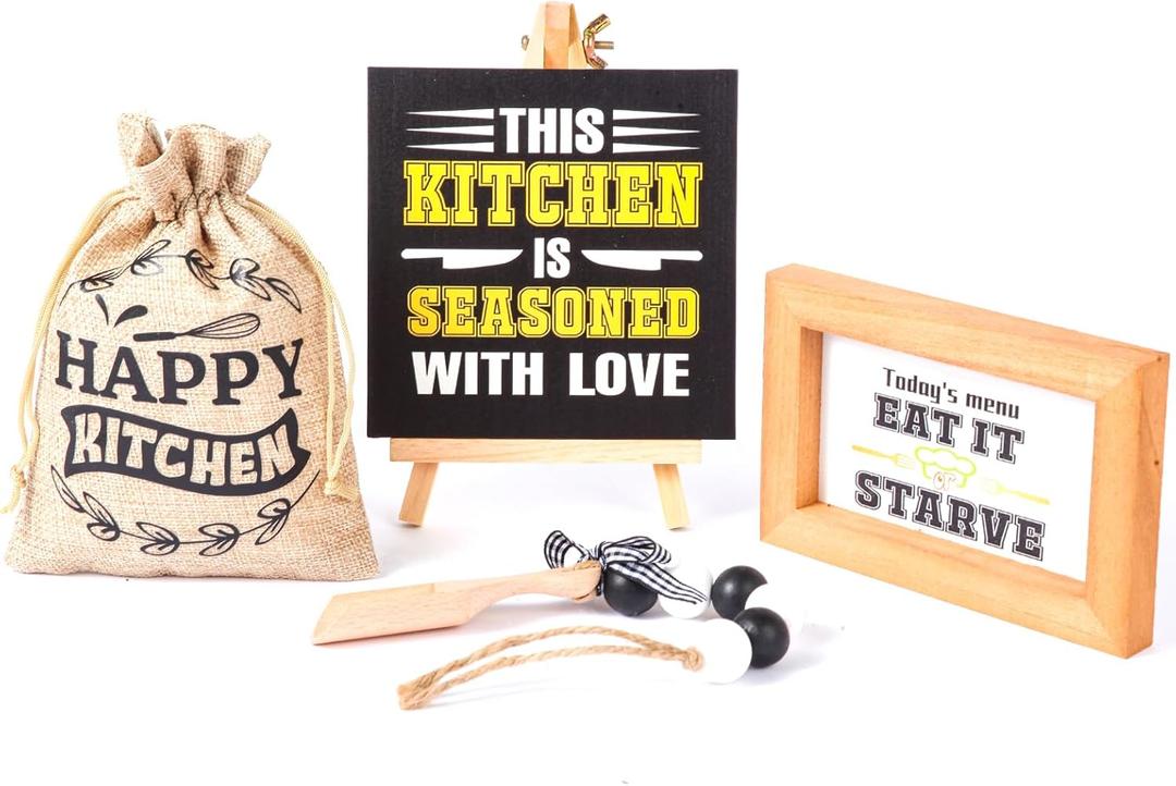 Rustic Farmhouse Kitchen Decor Set - 5-Piece Wooden Signs with Funny & Inspirational Quotes, Free-Standing Shelf & Tabletop Decor for Counter, Dining Room, Cafe - Housewarming Gift for Chef, Home