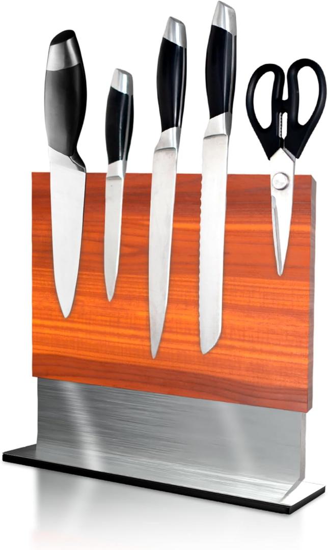 FOSSTA PRODUCTS Magnetic Knife Block  Acacia Wood Double-Sided Knife Holder with Steel Base & Strong Magnets, Modern Kitchen Knife Storage Stand (Knives Not Included)