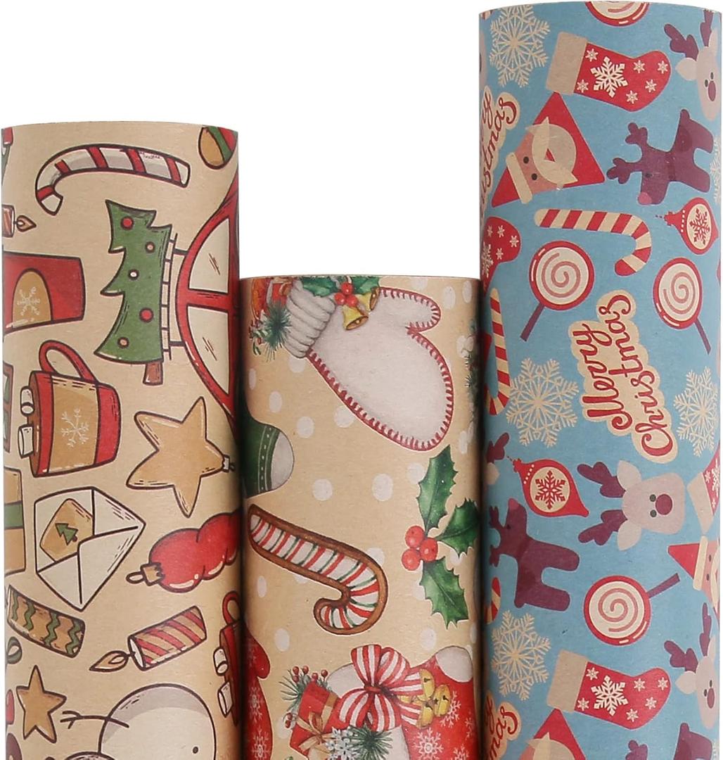 Aimyoo Blue Kraft Christmas Wrapping Paper Bundle, Kids Xmas Gift Wrap Paper Set, Stockings Santa Deers Candy Canes Snowman Designs,17 in x 16 ft per Roll