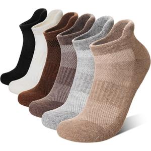 Eyean Merino Wool Ankle Running Socks Men Women Hiking Thick Half Cushioned Support No Show Socks 6 Pairs (Medium, Black/Grey)