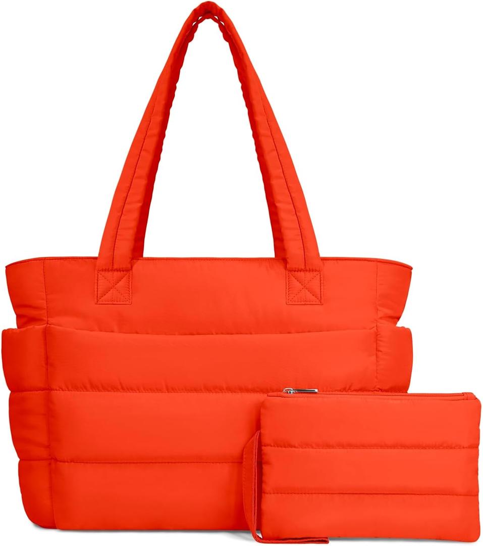 TOPDesign Puffer Tote Bag for Women, Lightweight Puffy Handbag with Compartments, Quilted Shoulder Bag for Work, Travel, Gym (Medium, Red Orange)