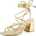 Shoe'N Tale Lace Up Heels for Women Ankle Strappy Gladiator High Heeled Sandals Chunky Block Heel Square Open Toe Criss Cross Dress Shoes(8, Gold)