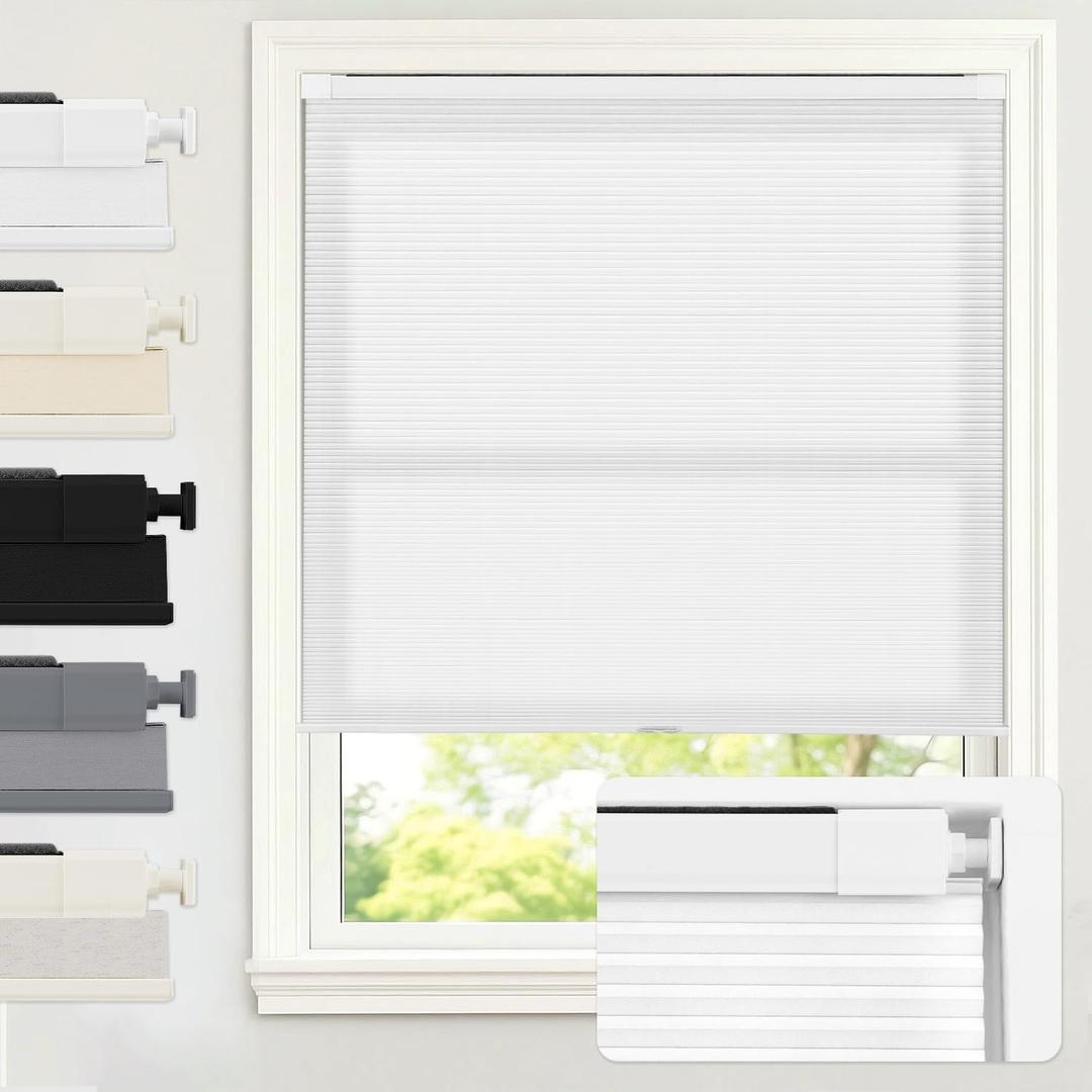 AOSKY No Drill Cordless Light Filtering Cellular Shade 26" W x 48" H White | No Tools Honeycomb Blinds for Indoor Windows, Free-Stop Shades for Home, Thermal Insulated, Noise Reducing