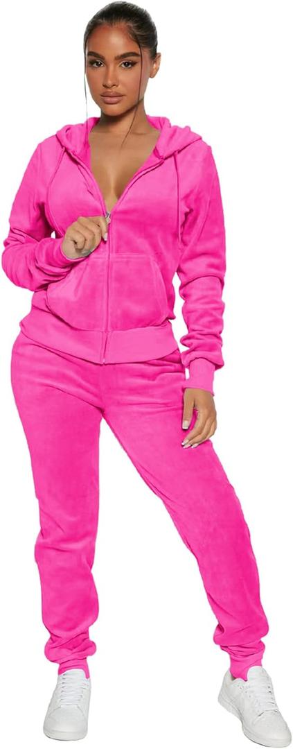yidengymx Womens 2 Piece Velour Tracksuit Two Piece Soft Velvet Hooded Outfits for Women (Pink, M)