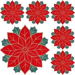 Christmas Placemats Set of 6 Indoor Embroidered Red Round Poinsettia Flower Placemats for Table Decorations Home Winter Holiday Party Kitchen Dinning (Poinsettia Placemats 6)
