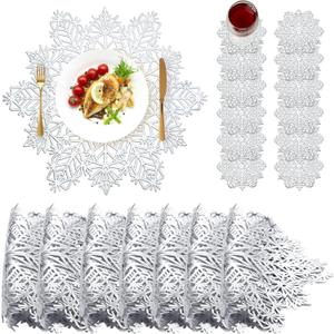 Sieral Snowflake Placemats and Coasters Set Pressed Vinyl 15 Inch Placemats and 4 Inch Coasters for Christmas Winter Wedding Party Dinner Table Decoration(Silver,24 Sets)
