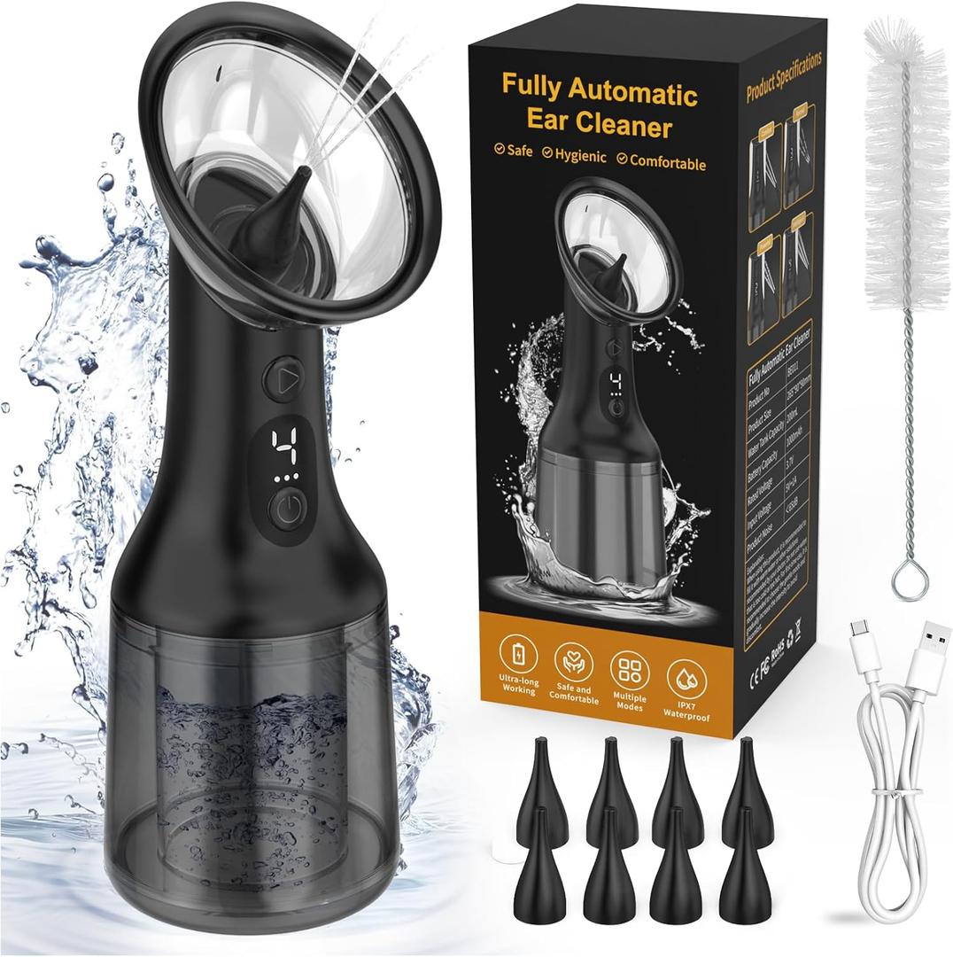 Upgraded Automatic Ear Wax Removal Kit with Waste Tank,USB Electric Ear Cleaner Earwax Removal Reusable Safe Irrigation Ear Washer Flushing System Tool with 4 Cleaning Modes IPX7 Waterproof-Black