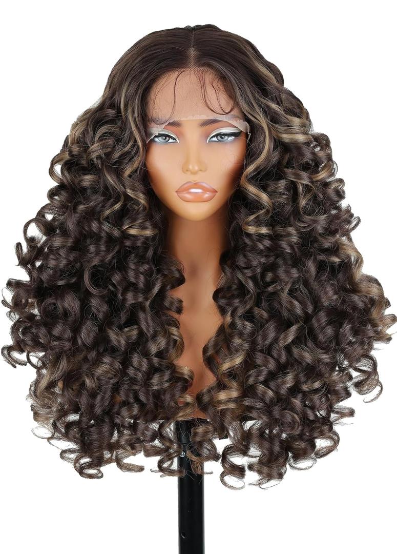 SOKU Long Curly Lace Front Wig for Black Women Highlight 13x4x1 Synthetic Lace Front Wigs Glueless Pre-Plucked Hairline with Baby Hair 22 Inch Heat Resistant (Highlight Brown)