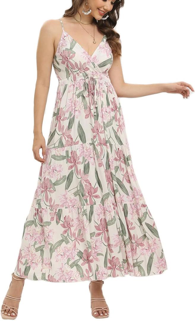 OSTOO Women's Floral Print Maxi Dresses Sleeveless Sleeves Boho Empire Waist Dress (Apricot C)