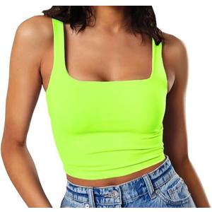 Artfish Women's Sleeveless Strappy Tank Square Neck Double Layer Workout Fitness Casual Basic Crop Tops Size L