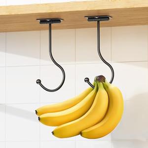 Pack of 2 Josmimic Modern Banana Hanger Hook Under Cabinet: Adhesive Banana Holder, Foldable with Magnets When Not in Use, Under Counter Banana Hook, Stainless, Hold 13 LB, Black, 2 Pack