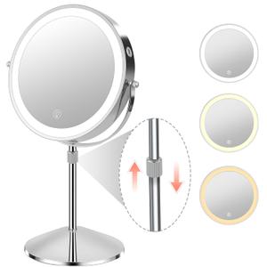 Lighted Makeup Mirror with Magnification, 10X 8Rechargeable Double Sided Vanity Mirror with Lights Magnifying Makeup Mirror with 3 Color Light with 360 Rotation, Detachable Base (Silver)