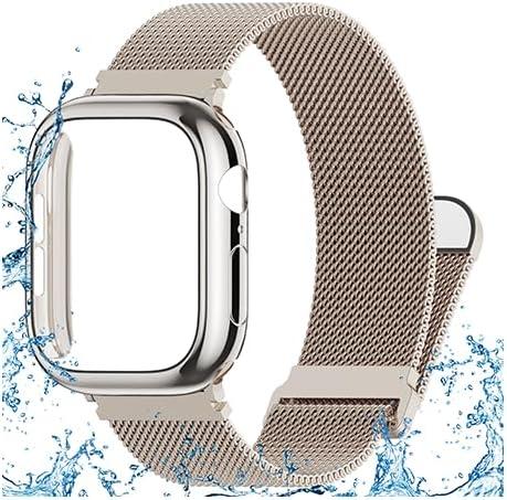 Waterproof Stainless Steel Milanese Band with Case Compatible for Apple Watch 38mm 40mm 41mm 42mm 44mm 45mm 46mm 49mm Women/Men,Magnetic Strap for iWatch Series 11 10 9 8 7 6 5 4 3 2 1 SE SE3 Ultra2/3 (Starlight)