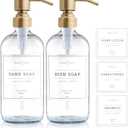 Vine Creations Clear Glass Soap Dispenser, 2 Pack Kitchen Soap Dispenser Set with Stainless Steel Pump, 16 oz Dish Soap and Hand Soap Dispensers for Bathroom with Waterproof Labels (Clear Bottle / Brushed Brass Pump)