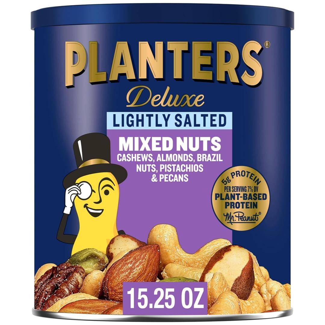 PLANTERS Deluxe Mixed Nuts, Cashews, Almonds, Brazil Nuts Mix, Pistachios, Pecans, Lightly Salted, Snacks for Adults and Kids, Party Snack, 15.25oz (EXP 08/21/26)