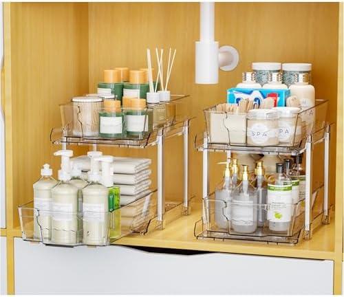 Yieach 2 Pack 2 Tier Under The Sink Organizer With Track,9.8 Inch Tall Bathroom Cabinet Organizer,Clear Under Sink Pull Out organizer for Kitchen,Vanity,Counter,Vanity,Medicine,Makeup,Hair Products