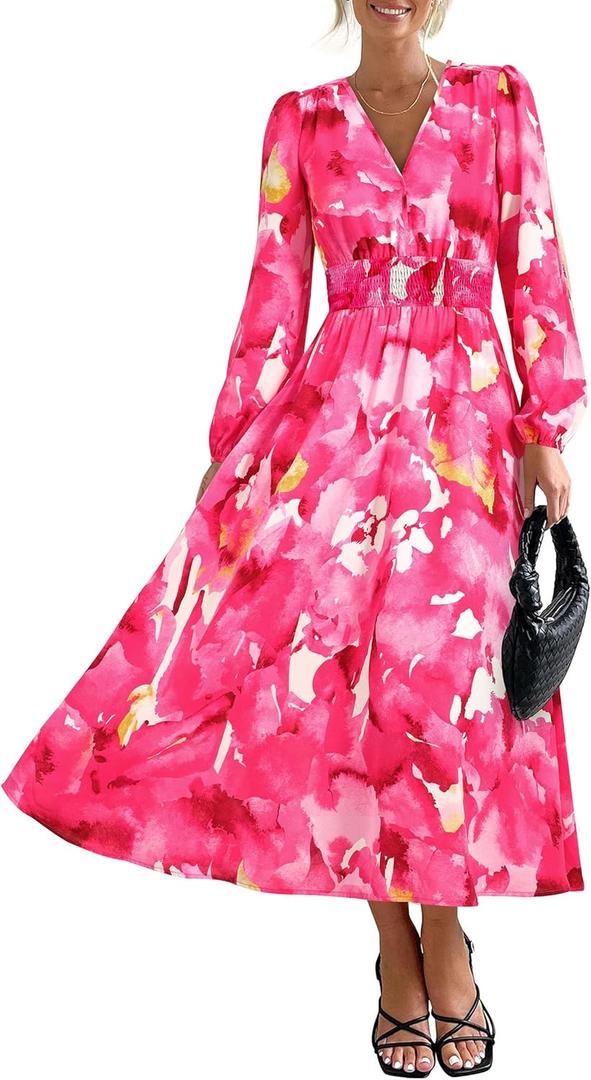 PRETTYGARDEN Women's Floral Midi Dress Casual Fall V Neck Long Sleeve Flowy Spring Beach Wedding Guest Vacation Dresses (X-Large, Rose Pink Watercolour)