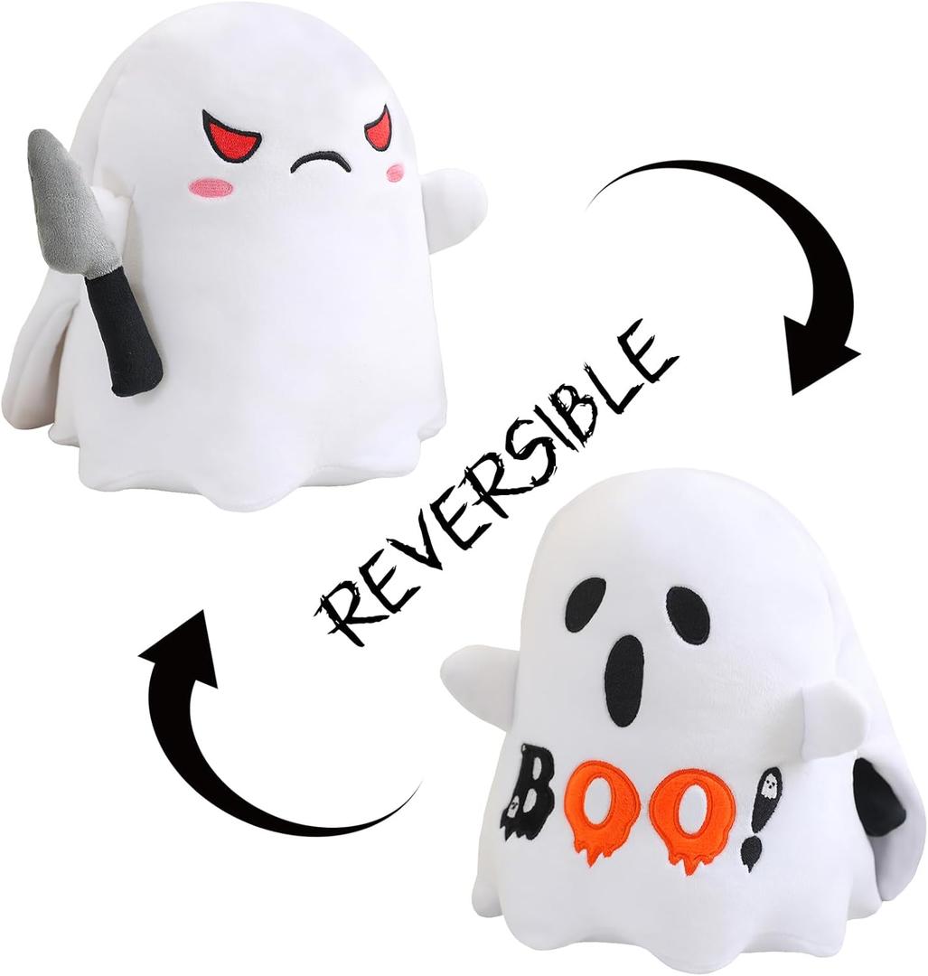 Halloween Ghost Plush Reversible Ghost Plushie - Angry + Scared - Cute Sensory Stuffed Animals Home Decor for Boys and Girls 10 Inch