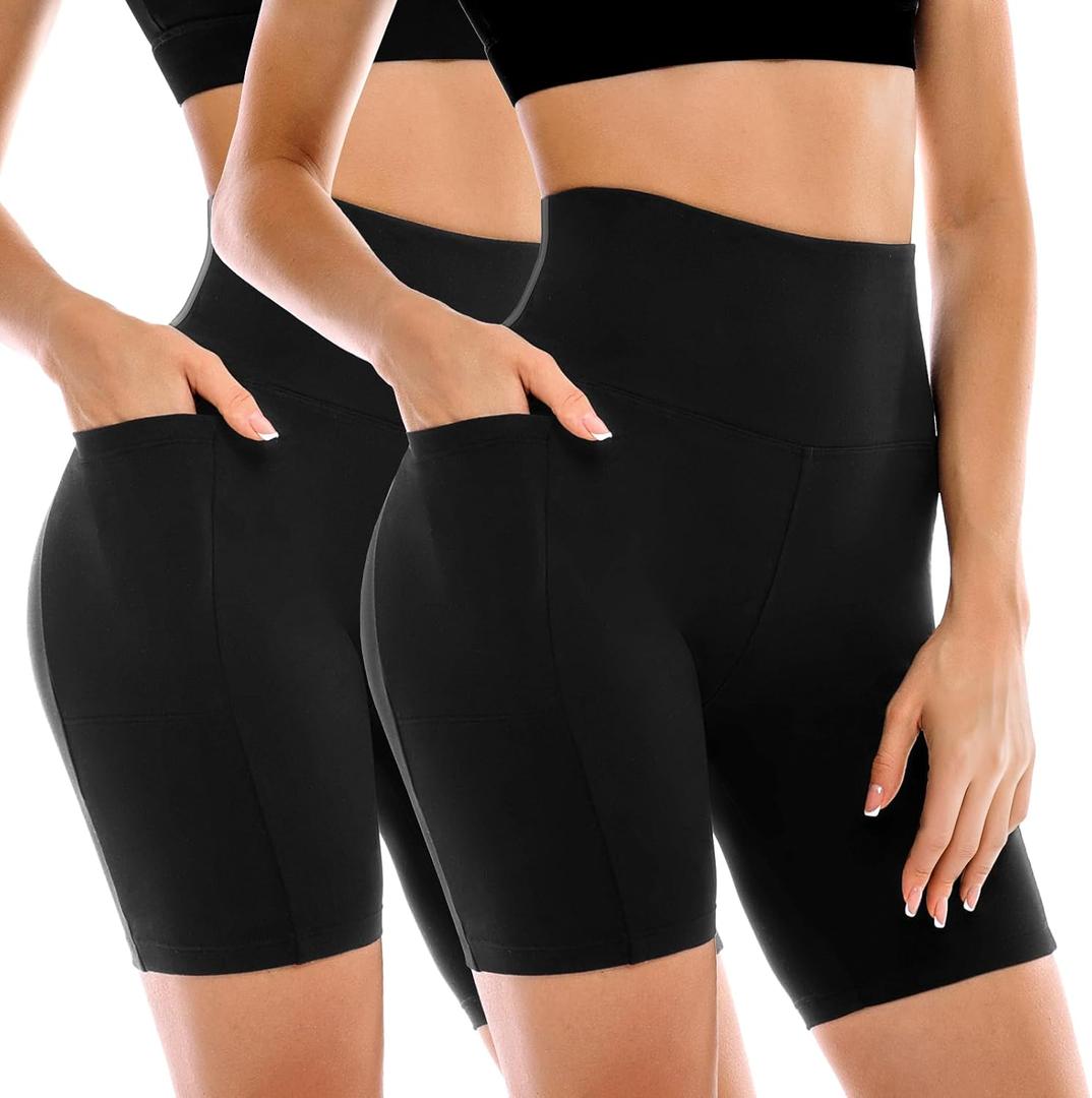 2 Pack Womens Biker Shorts with Pockets, High Waisted Yoga Shorts for Women Running Gym and Workout (Large-X-Large, Black/Black)