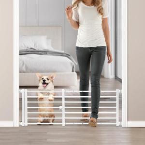 Malier Indoor Dog Gate with Door, 26-41" Extra Wide Full Metal Pet Gate Short Dog Gate for Stairs, Pressure Mount 14'' Tall Small Puppy Low Gate Easy Step Over for Doorways (White)