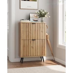 Shoe Storage Cabinet, Fluted Shoe Cabinet Storage for Entryway, Hidden Shoe Cabinet with Metal Legs,Shoe Organizer Cabinet with Flip Doors, Slim Entryway Shoe Storage Cabinet,Natural Wood - 23.5 In (23.6" Wide)