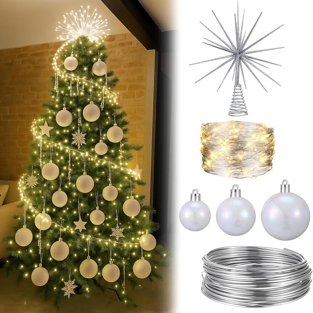 Sumind 33 ft Christmas Tree Ring Lights with Hanging Christmas Ball Ornaments and Silver Starburst, LED String Lights DIY Xmas Tree Star Topper for Holiday Winter Xmas Party Decor Supplies
