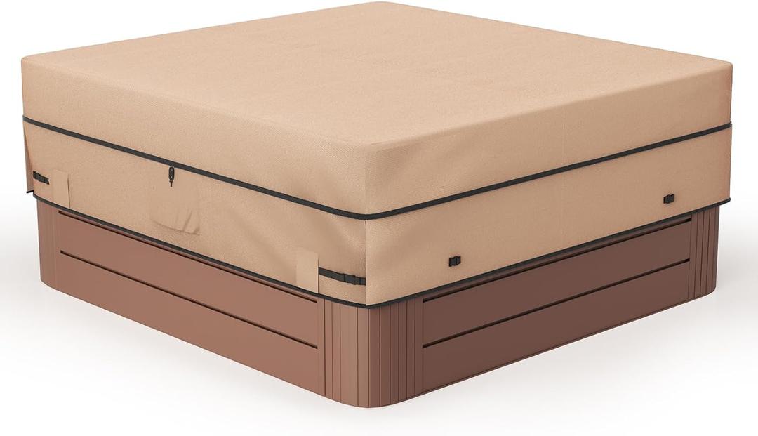 MIXC Outdoor Waterproof 600D Square Hot Tub Cover 85 x 85 Inch Fit 84 x 84 or 83 x 83 or 82 x 82 Inch or 7 ft x 7 ft Heavy Duty Spa Cover Protectors (Brown)