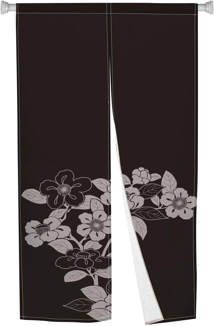 Noren Japanese Doorway Curtain Window Treatment Tapestry Blooming Flowers Printed Door Curtain Polyester Panel for Privacy Partition Divider Kitchen Home Decor 34" Width x 60" Long (Black)