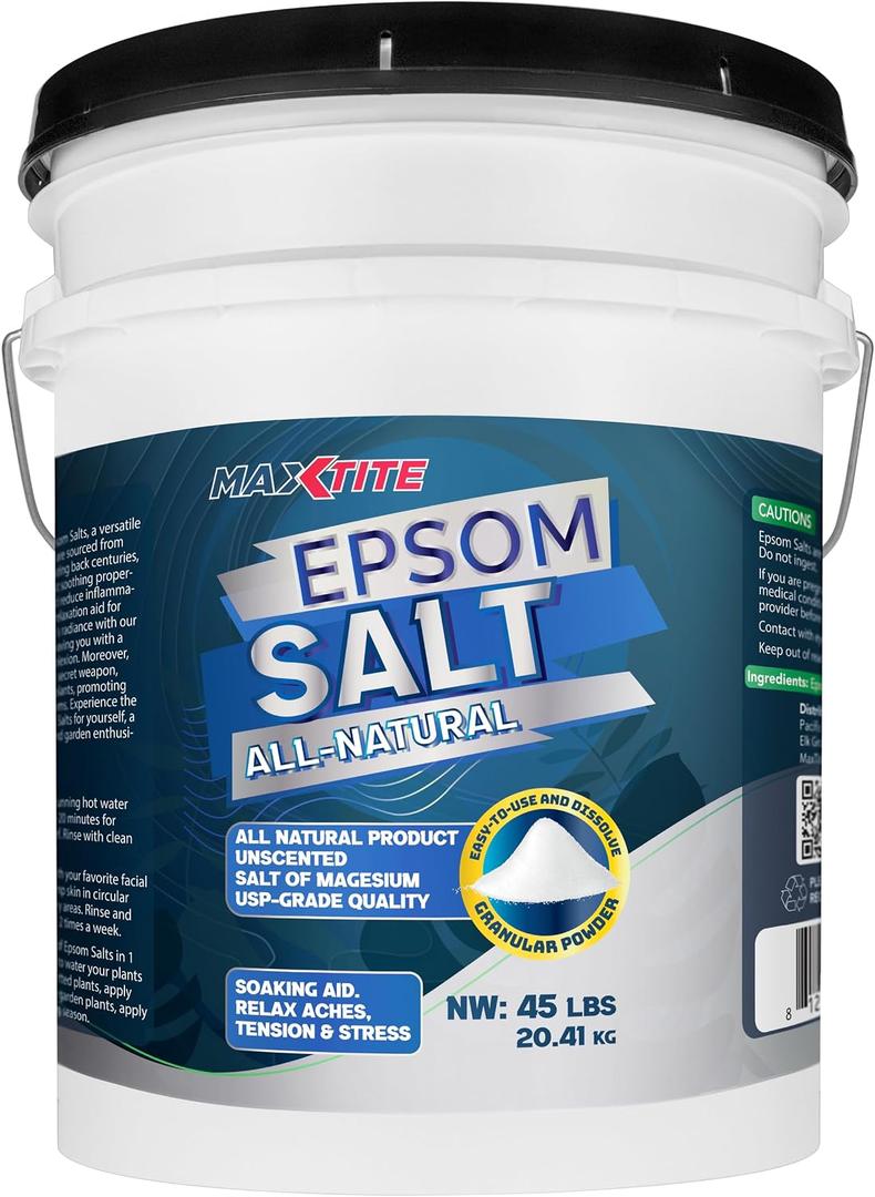 MaxTite Epsom Salt (45 lbs) - Magnesium Sulfate USP for Soaking, Relaxation, Stress Relief, Skin Care & Garden - Sourced from USA
