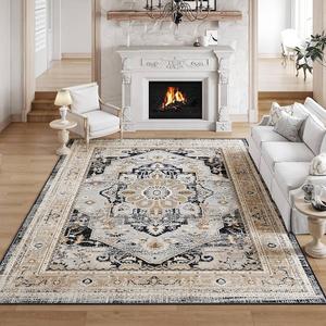 VK·LIVING Machine Washable Rug 9'x12' Vintage Design Washable Area Rugs with Non Slip Rugs for Living Room Bedroom Traditional Woven Rug Carprt Stain Resistant, Dining Office Boho Rug, Brown&Black