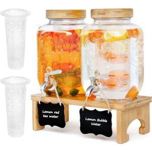 1 Gallon Drink Dispenser with Stand,2 Pack Glass Beverage Dispenser With Wood Stand, Stainless Steel Spigot and Labels Large Water Drink Dispensers for Parties, Lemonade,Juice, Tea
