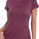 BATHRINS Womens Summer Comfy Tops Dressy Casual Crew Neck Pleated Fitted Short Sleeve T Shirts Tunic Blouses L Pink